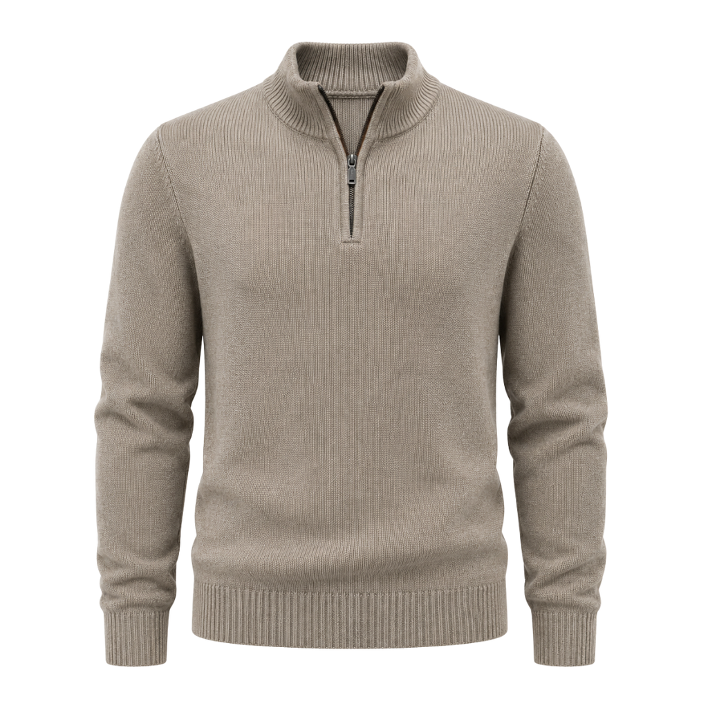 Premium Merino Quarter-Zip Knit Sweater – Sand Beige | Camom Beery