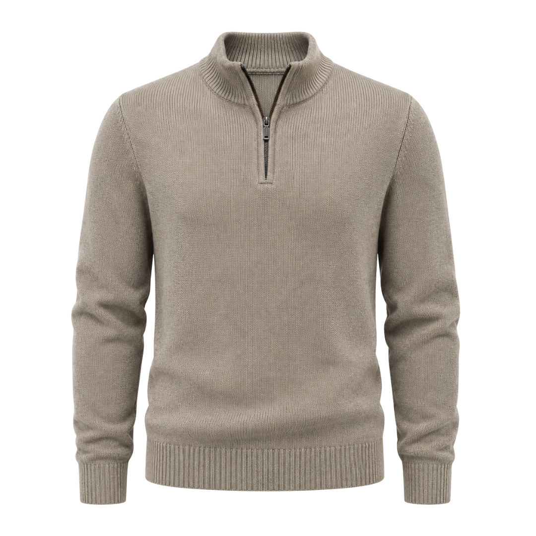 Premium Merino Quarter-Zip Knit Sweater – Sand Beige | Camom Beery