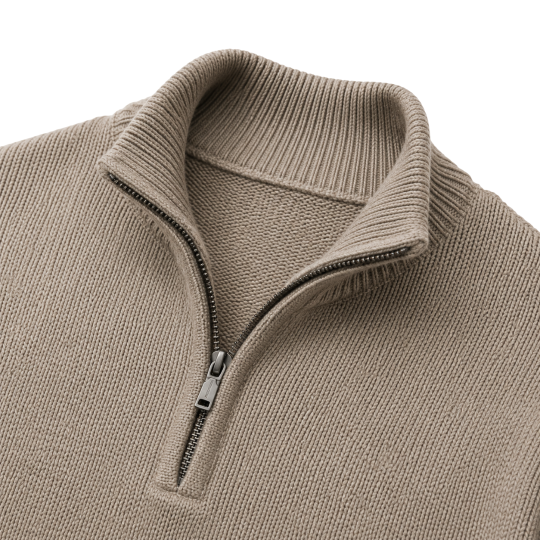 Premium Merino Quarter-Zip Knit Sweater – Sand Beige | Camom Beery