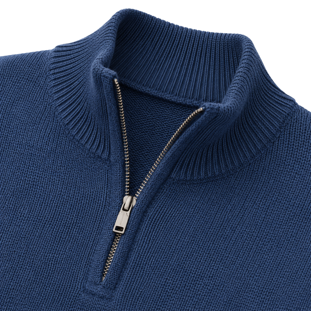 Premium Merino Quarter-Zip Knit Sweater – Ocean Blue | Camom Beery